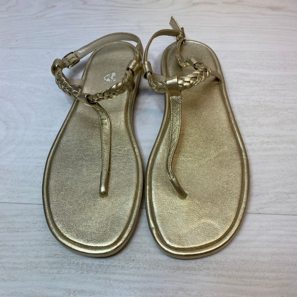 PAIGE Womens 9 Sandals Thong T-Strap Flat Gold Leather Braided Ankle Strap Luxe